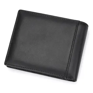 Black genuine leather wallet detail view showing fine texture and clean stitching lines.