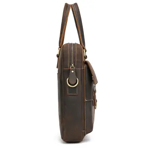 Side view of dark brown leather business briefcase, showcasing premium texture and zipper.