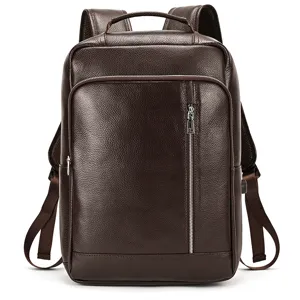 Brown leather backpack detail showing premium texture, durable zippers, and professional design.