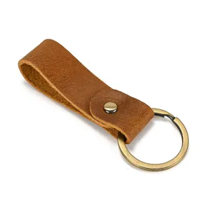 Vintage crazy horse leather keychain with antique bronze metal ring for everyday keys.