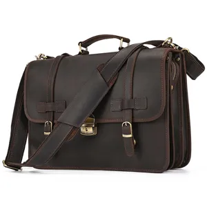 Maletín de Cuero Genuino Vintage Para Hombres Business Commuting Bolso para Laptop Tres Compartimentos Bolso Bandolera