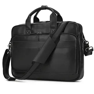 Men's black leather business briefcase 15.6 inch laptop bag shoulder messenger bag.