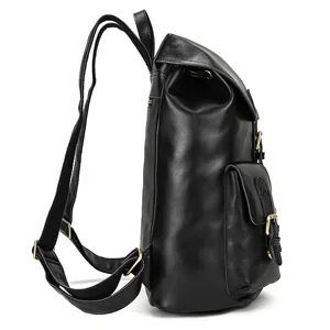 Side view detail of a black leather casual backpack featuring metal hardware and front pocket.