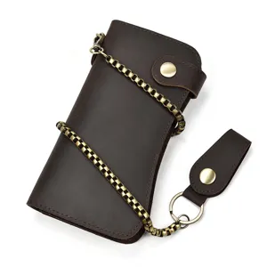 Portefeuille long pour homme en cuir vintage avec chaîne en métal et fentes pour cartes