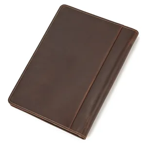 Brown leather A4 document folder detail showing premium crazy horse texture and neat stitching.