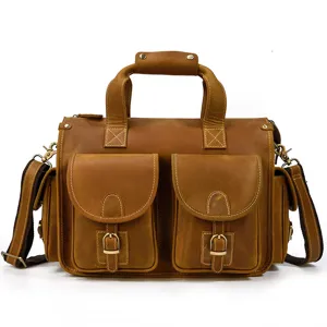 Men vintage crazy horse leather briefcase multi-pocket shoulder messenger bag detail