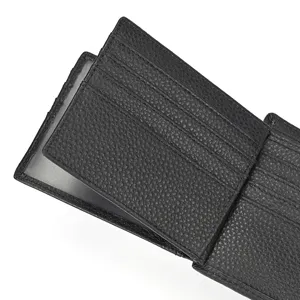 Detailed close-up of a black genuine leather trifold wallet featuring multiple card slots and ID window.