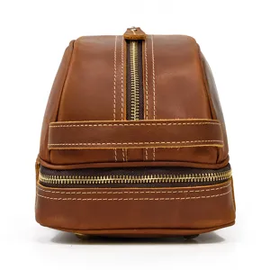 Vintage genuine leather toiletry bag double layer cosmetic organizer for men brown makeup pouch