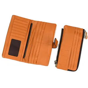 Vintage leather long wallet multi-card slots zippered retro brown purse for women men