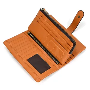 Vintage genuine leather long wallet for women with multiple card slots and zipper compartment.