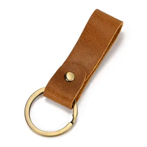 Premium genuine crazy horse leather keychain with durable metal ring, vintage style accessory for keys.