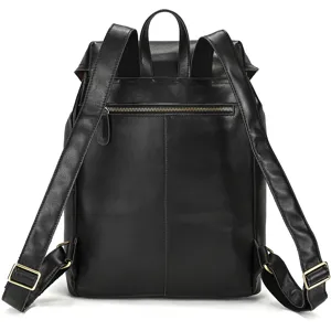 Detail view of a premium black leather backpack featuring adjustable straps and zipper pocket.