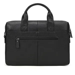 Detailed view of black genuine leather men's business briefcase with top handles and zipper.