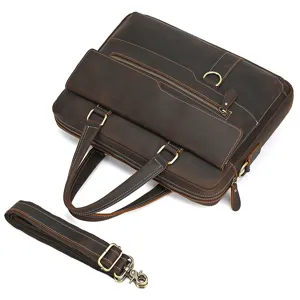 Vintage crazy horse leather briefcase, business laptop shoulder bag detail view with strap.