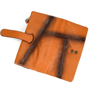 Retro burnished leather long wallet with snap button and fashion patchwork design details.