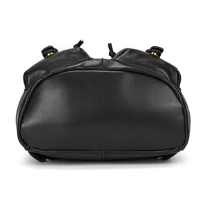Premium black leather backpack detail view, genuine cowhide daily casual travel bag bottom.