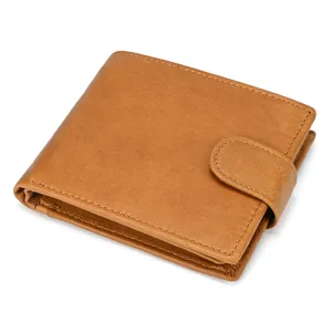 Close-up shot of premium brown leather wallet showcasing fine stitching and closure.