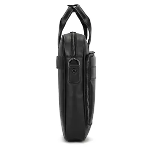 Side profile view of a sleek black leather business briefcase and laptop computer bag.