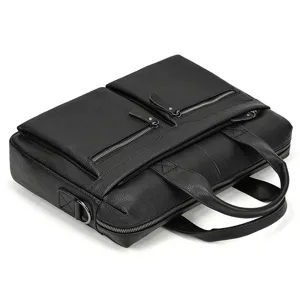 Black genuine leather business laptop briefcase for men with multiple zipper pockets detail view