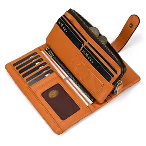 Retro distressed leather long wallet detail showing multiple card slots and zipper pocket interior