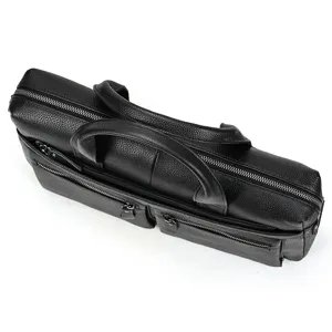 Men's Black Leather Business Briefcase Laptop Bag Casual Multi-Pocket Messenger Bag Detail
