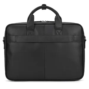 Detail view of the black leather business laptop briefcase, showing fine texture and handles.