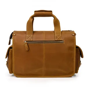 Vintage genuine leather mens briefcase, retro crazy horse leather laptop business bag with multiple pockets