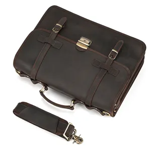 Maletín vintage de cuero marrón oscuro para hombre, bolso de negocios de piel auténtica con correa.