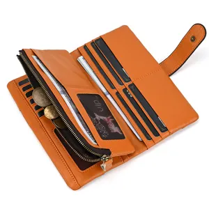 Vintage genuine leather long wallet for women, multiple card slots and zipper coin pocket.