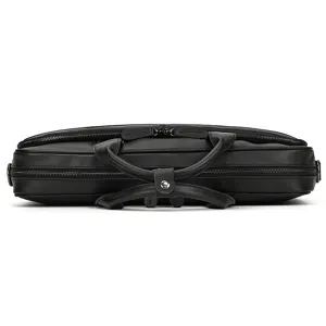 Details of black leather business briefcase and laptop bag for men, durable messenger style.