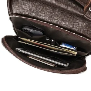 Men's business leather backpack internal multi-functional storage compartment detail view.
