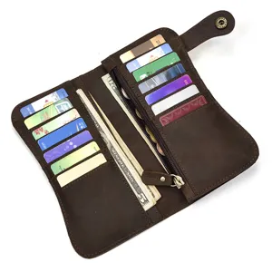 Portefeuille long homme en cuir vintage Crazy Horse avec fentes pour cartes et poche zippée.