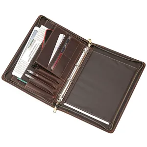 Brown leather A4 ring binder portfolio document organizer with multiple card slots and pen loops.