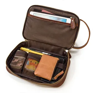 Detailed view of the vintage genuine leather multi-functional organizer bag interior.