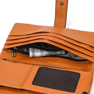 Vintage leather long wallet for women men with multiple card slots and zippered pocket.