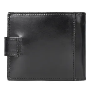 Classic black genuine leather short wallet for men and women with snap closure design.