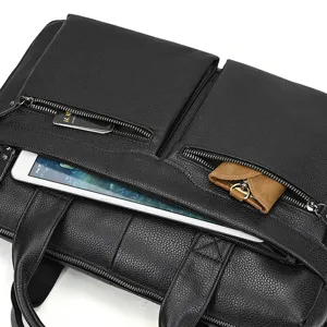 Men's leather business briefcase detail shot, showing multi-pocket design and large capacity.