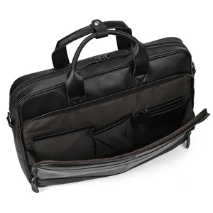 Black genuine leather men's business briefcase with multi-functional interior compartments.
