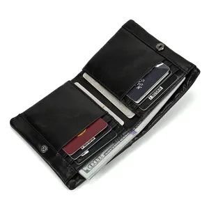 Men's leather wallet RFID vertical card holder vintage cowhide black coin pocket detail view
