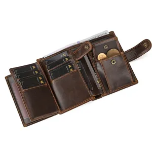 Genuine leather trifold wallet interior detail showing multiple card slots and coin pocket.