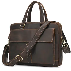 Vintage leather briefcase for men, 15 inch laptop messenger bag, business commuter shoulder bag.