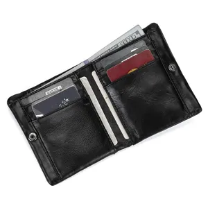 Black leather bifold wallet detail view featuring multiple card slots and cash pocket.