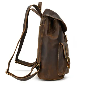 Vintage crazy horse leather backpack side view detail showing durable stitching and buckles.