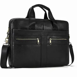 Black leather business briefcase detail featuring dual front zipper pockets and sturdy handles.