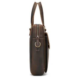 Side detail view of vintage crazy horse leather briefcase laptop bag with durable metal hardware.