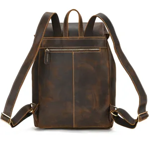 Vintage brown crazy horse leather backpack back detail showing durable straps and zipper.