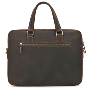 Vintage crazy horse leather briefcase detail, brown laptop bag with front zipper pocket.