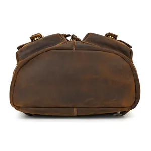 Vintage brown leather backpack bottom detail, casual genuine leather daypack for men and women