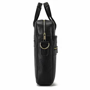 Side profile detail of black genuine leather business briefcase showing zipper and metal D-ring.