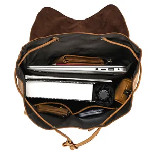 Vintage genuine leather backpack capacity detail view, brown casual daypack inner structure